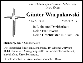 Traueranzeige von Günter Warpakowski von Neue Presse Coburg