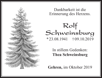 Traueranzeige von Rolf Schweinsburg von Südthüringer Presse