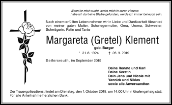 Traueranzeige von Margareta Klement von Frankenpost