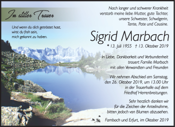 Traueranzeige von Sigrid Marbach von Südthüringer Presse