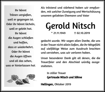 Traueranzeige von Gerold Nitsch von Südthüringer Presse
