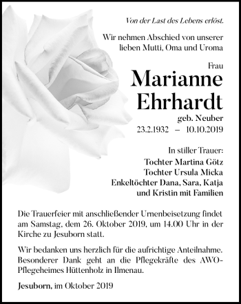 Traueranzeige von Marianne Ehrhardt von Südthüringer Presse