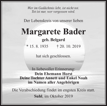 Traueranzeige von Margarete Bader von Südthüringer Presse