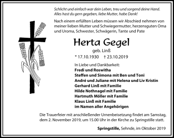 Traueranzeige von Herta Gegel von Südthüringer Presse
