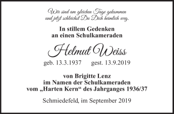 Traueranzeige von Helmut Weiss von Südthüringer Presse
