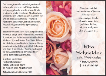 Traueranzeige von Rita Schneider von Südthüringer Presse