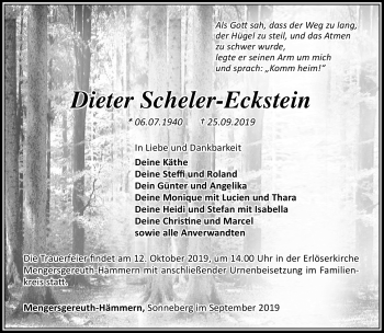 Traueranzeige von Dieter Scheler-Eckstein von Südthüringer Presse