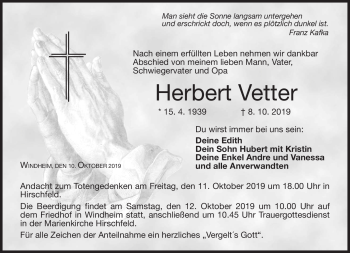 Traueranzeige von Herbert Vetter von Neue Presse Coburg