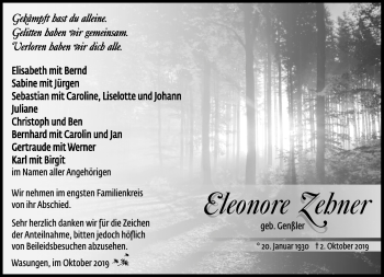 Traueranzeige von Eleonore Zehner von Südthüringer Presse