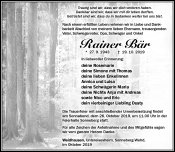 Traueranzeige von Rainer Bär von Südthüringer Presse