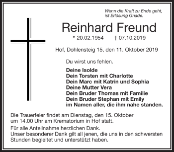 Traueranzeige von Reinhard Freund von Frankenpost