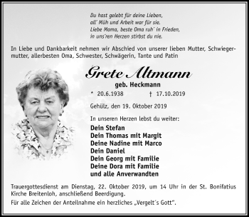 Traueranzeige von Grete Altmann von Neue Presse Coburg