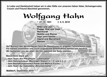 Traueranzeige von Wolfgang Hahn von Südthüringer Presse