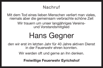 Traueranzeige von Hans Gegner von Neue Presse Coburg