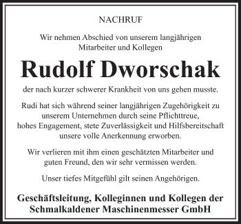 Traueranzeige von Rudolf Dworschak von Südthüringer Presse