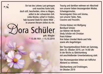 Traueranzeige von Dora Schüler von Südthüringer Presse