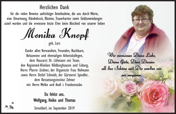 Traueranzeige von Monika Knopf von Südthüringer Presse