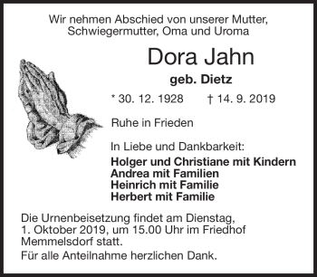 Traueranzeige von Dora Jahn von Neue Presse Coburg