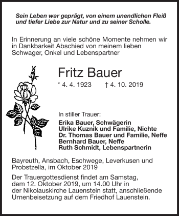 Traueranzeige von Fritz Bauer von Neue Presse Coburg