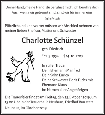 Traueranzeige von Charoltte Schünzel von Südthüringer Presse
