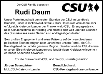 Traueranzeige von Rudi Daum von Neue Presse Coburg