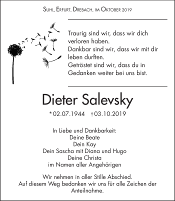Traueranzeige von Dieter Salvesky von Südthüringer Presse