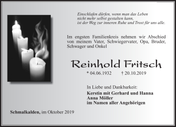 Traueranzeige von Reinhold Fritsch von Südthüringer Presse