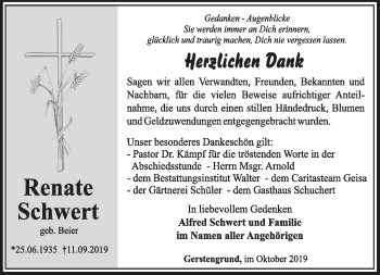 Traueranzeige von Renate Schwert von Südthüringer Presse