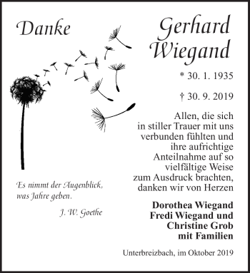 Traueranzeige von Gerhard Wiegand von Südthüringer Presse