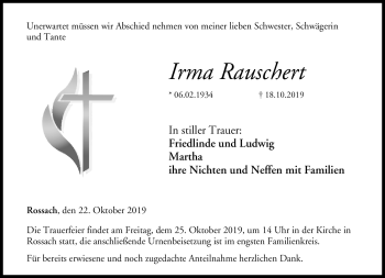 Traueranzeige von Irma Rauschert von Neue Presse Coburg