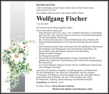 Traueranzeige von Wolfgang Fischer von Südthüringer Presse