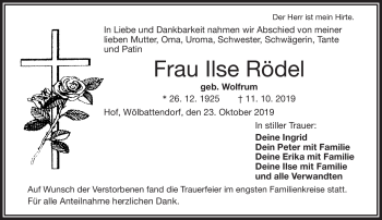 Traueranzeige von Ilse Rödel von Frankenpost