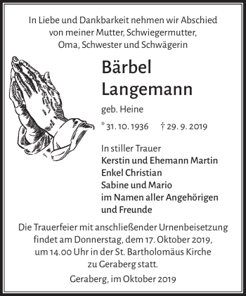 Traueranzeige von Bärbel Langemann von Südthüringer Presse