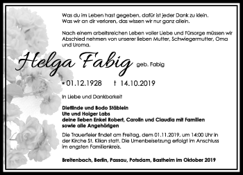 Traueranzeige von Helga Fabig von Südthüringer Presse