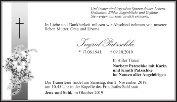 Traueranzeige von Ingrid Patzschke von Südthüringer Presse