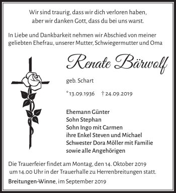 Traueranzeige von Renate Bärwolf von Südthüringer Presse