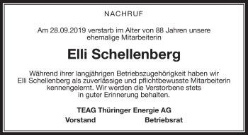 Traueranzeige von Elli Schellenberg von Südthüringer Presse