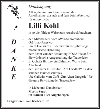 Traueranzeige von Lilli Kohl von Südthüringer Presse