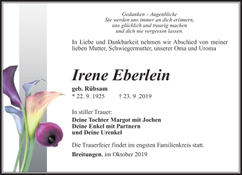 Traueranzeige von Irene Eberlein von Südthüringer Presse