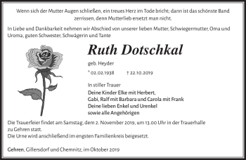 Traueranzeige von Ruth Dotschkal von Südthüringer Presse
