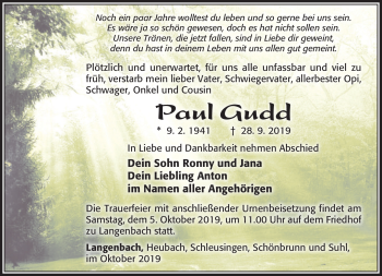 Traueranzeige von Paul Gudd von Südthüringer Presse