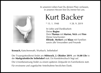Traueranzeige von Kurt Backer von Neue Presse Coburg