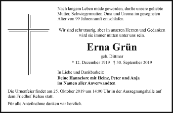 Traueranzeige von Erna Grün von Frankenpost