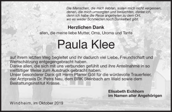 Traueranzeige von Paula Klee von Neue Presse Coburg