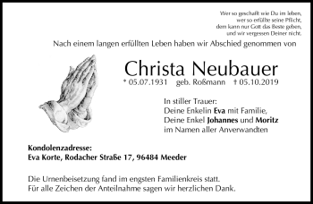 Traueranzeige von Christa Neubauer von Neue Presse Coburg
