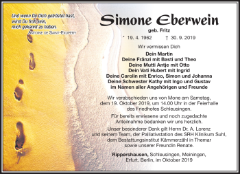 Traueranzeige von Simone Eberwein von Südthüringer Presse