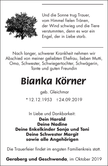 Traueranzeige von Bianka Körner von Südthüringer Presse