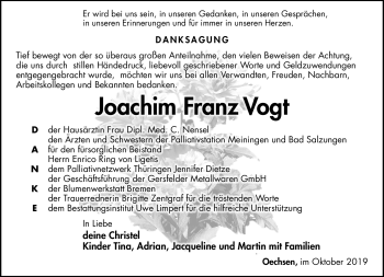 Traueranzeige von Joachim Franz Vogt von Südthüringer Presse
