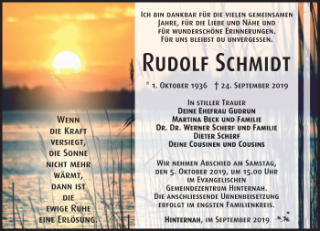 Traueranzeige von Rudolf Schmidt von Südthüringer Presse