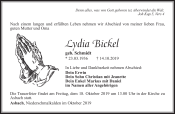 Traueranzeige von Lydia Bickel von Südthüringer Presse